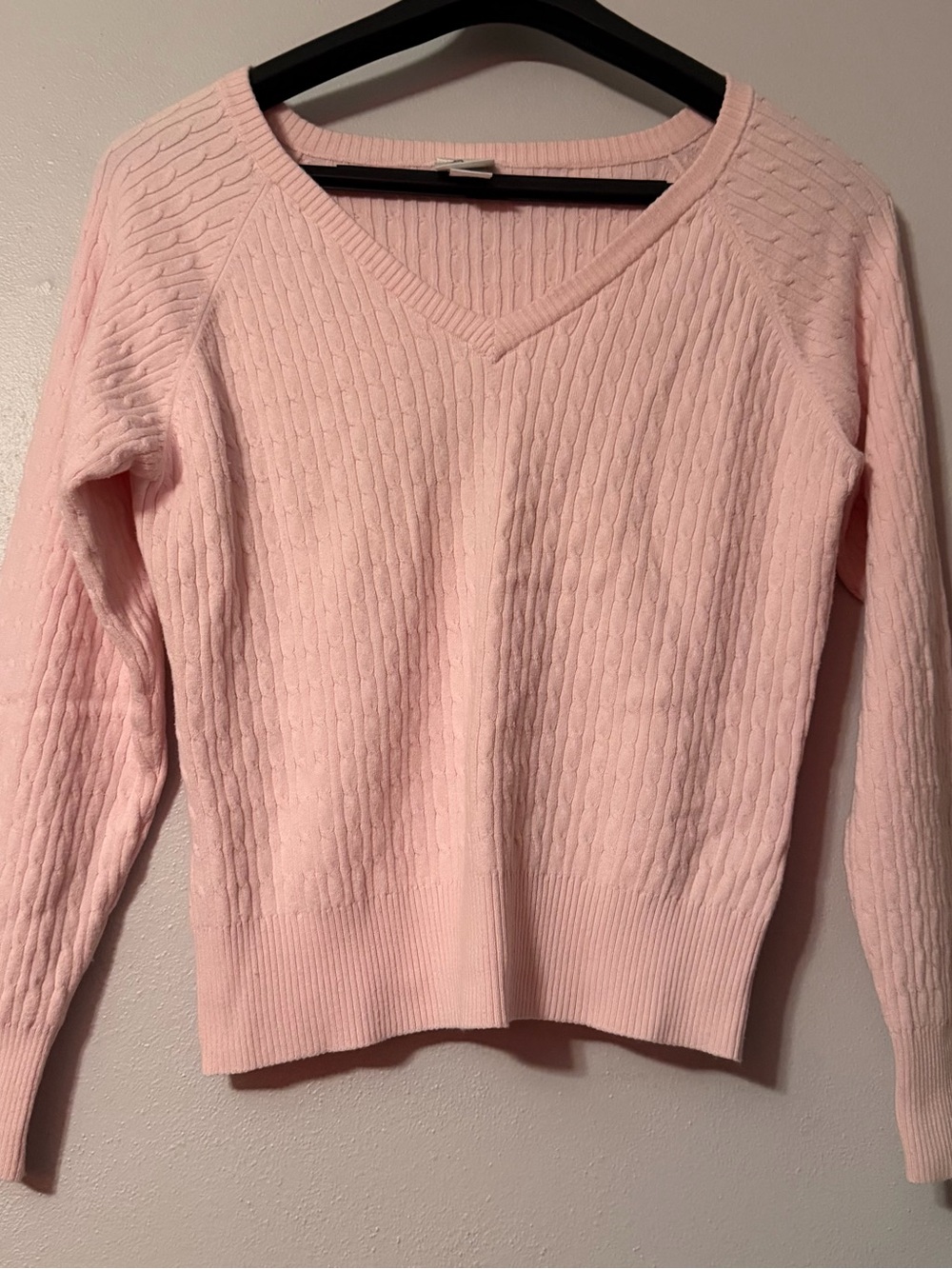 Women's Pink Cable Knit V-Neck Sweater